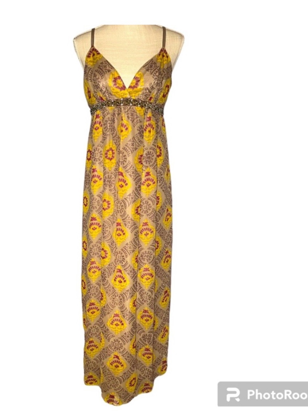 Beaded Empire Waist, Faux wrap top Maxi Dress size Large